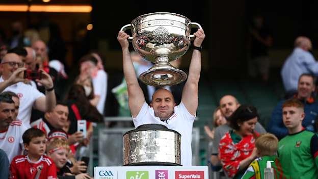 Tyrone performance analyst Martin McGirr lifts the Sam Maguire Cup following the GAA Football All-Ireland Senior Championship Final match between Mayo and Tyrone at Croke Park in Dublin.