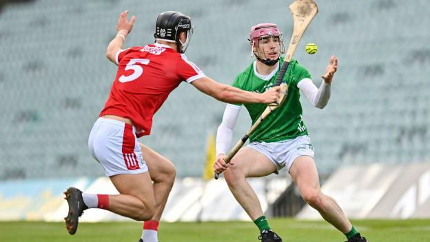 Shane O'Brien of Limerick in action against James Dwyer of Cork during the oneills.com Munster GAA Hurling U20 Championship Round 5 match between Limerick and Cork at TUS Gaelic Grounds in Limerick. Photo by Stephen Marken/Sportsfile