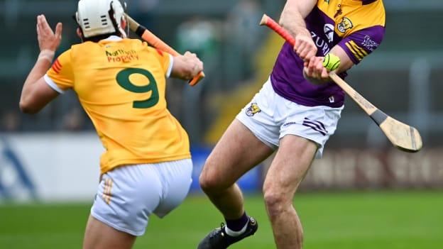 Oisin Foley of Wexford in action against Sean Elliott of Antrim during the Leinster GAA Hurling Senior Championship Round 2 match between Wexford and Antrim at Chadwicks Wexford Park in Wexford. Photo by Tyler Miller/Sportsfile