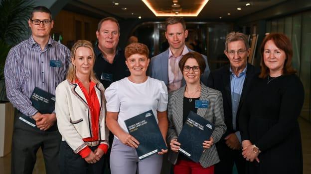 Aoife Lane, centre, with, from left, Phil Kearney, Kate Kirby, Des Ryan, Eamon O'Reilly, Denise Martin, Niall Moyna and Sharon Madigan during the Gaelic Games Sports Science Launch at Croke Park in Dublin. Photo by David Fitzgerald/Sportsfile.