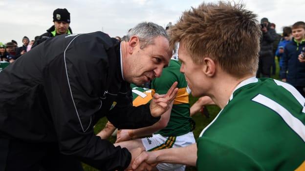 Kerry manager Peter Keane and Tommy Walsh following Sunday's Allianz Football League win over Galway at Tuam Stadium.