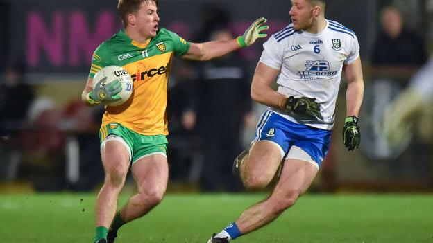 Peadar Mongan, Donegal, and Dessie Ward, Monaghan, in action at Healy Park.