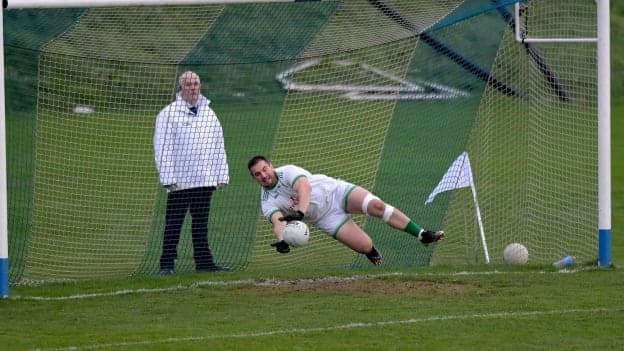 Cargin goalkeeper John McNabb pictured making one of his two penalty shoot-out saves. 