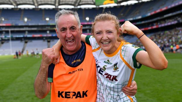 Meath manager Eamonn Murray celebrates with Aoibheann Leahy of Meath after their side's vctory in the TG4 All-Ireland Ladies Football Senior Championship Semi-Final match between Donegal and Meath at Croke Park in Dublin. 