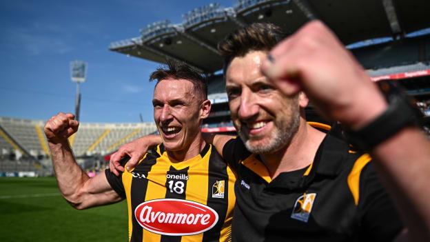 Cillian Buckley and Kilkenny manager Derek Lyng after their side's victory in the Leinster GAA Hurling Senior Championship Final match between Kilkenny and Galway at Croke Park in Dublin. Photo by Harry Murphy/Sportsfile