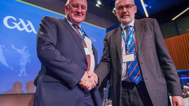 Larry McCarthy (right) succeeded John Horan (left) as Uachtarán Chumann Lúthchleas Gael at GAA Congress 2021.