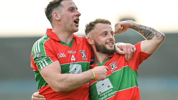 Ballymun Kickhams' Philly McMahon and Dillon Keating celebrate at Parnell Park.
