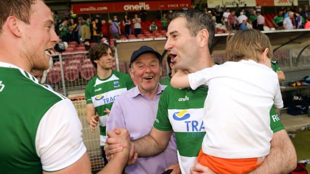 Fermanagh manager Rory Gallagher celebrates with his son Seanie and Che Cullen of Fermanagh after victory over Monaghan in the Ulster GAA Football Senior Championship Semi-Final.