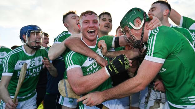Ballyhale Shamrocks players, including Adrian Mullen, centre, and Eoin Cody, right, celebrate after the Kilkenny County Senior Club Hurling Championship Final match between Ballyhale Shamrocks and O'Loughlin Gaels at UPMC Nowlan Park in Kilkenny. 