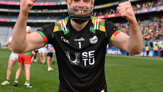 Carlow goalkeeper Brian Tracey celebrates after the Joe McDonagh Cup Final. Photo by Stephen Marken/Sportsfile