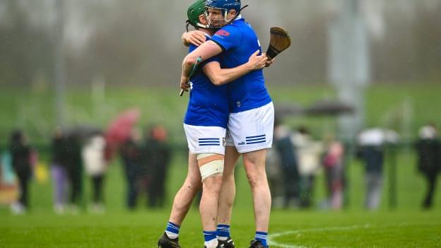 Dominic Crudden and Colum Sheanon celebrate following Cavan's Allianz Hurling League Division 3B Final win. Photo by David Fitzgerald/Sportsfile