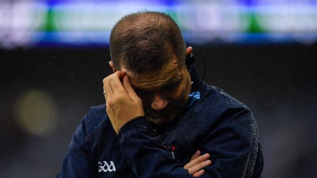 Dublin manager Dessie Farrell in the last seconds of the 2021 GAA Football All-Ireland Senior Championship semi-final match between Dublin and Mayo at Croke Park in Dublin. Photo by Ray McManus/Sportsfile