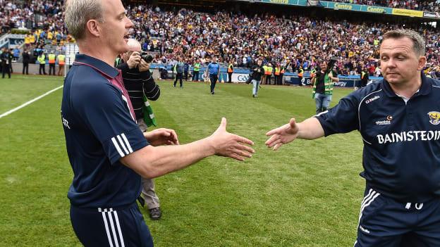 Micheal Donoghue and Davy Fitzgerald shake hands after the 2017 Leinster Senior Hurling Championship Final at Croke Park.