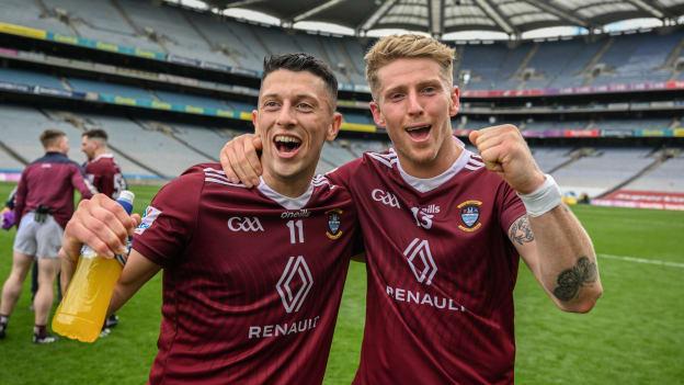 Ronan O'Toole, left, and Luke Loughlin of Westmeath celebrate after the Tailteann Cup Semi-Final match between Westmeath and Offaly at Croke Park in Dublin.