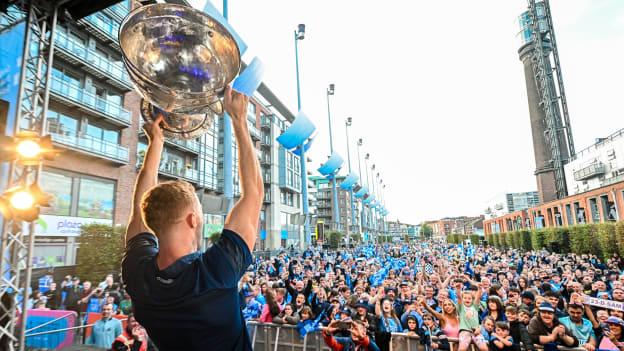 Paul Mannion of Dublin with the Sam Maguire cup during the homecoming celebrations of the Dublin All-Ireland Football Champions at Smithfield Square in Dublin. Photo by Ramsey Cardy/Sportsfile
