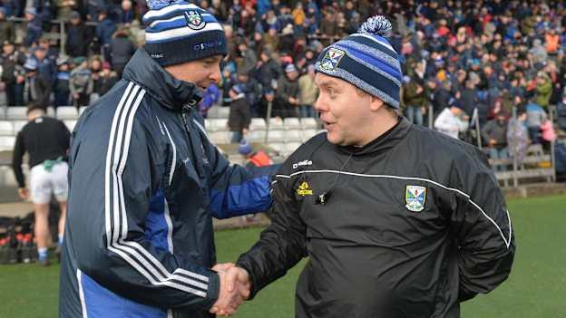 Malachy O'Rourke and Mickey Graham following Monaghan and Cavan's Allianz Football League Division One game in March.