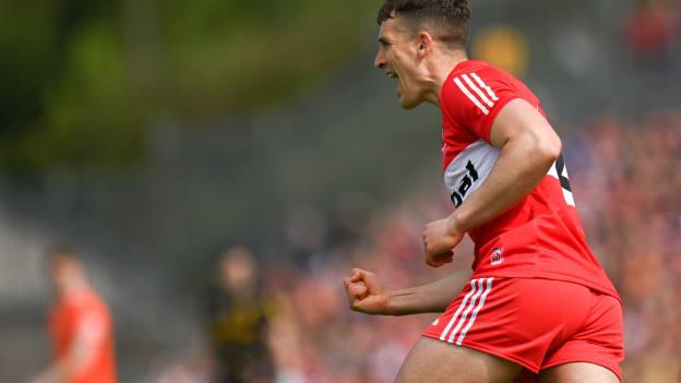 Derry's Shane McGuigan celebrates at St Tiernach's Park. Photo by Harry Murphy/Sportsfile