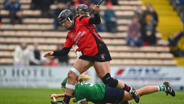 Ursula Jacob of Oulart the Ballagh is tackled by Laura Ward of Sarsfields during the 2020 AIB All-Ireland Senior Club Camogie Championship Final match between Sarsfields and Oulart the Ballagh at UMPC Nowlan Park, Kilkenny. 