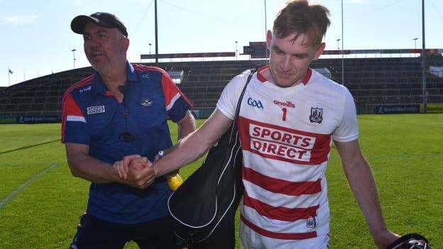 Cork goalkeeper Patrick Collins with Cork selector Ger Cunningham after the GAA Hurling All-Ireland Senior Championship Round 2 match between Clare and Cork at LIT Gaelic Grounds in Limerick. 