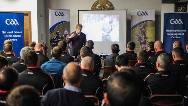 Professor Niall Moyna presents the national panel of inter-county referees with their 2016 GPS data at the GAA’s National Games Development Centre in Abbottstown.