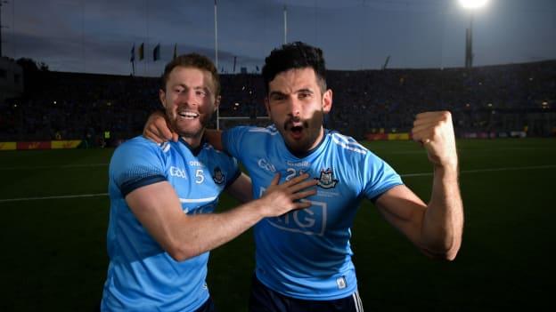 Jack McCaffrey, left, and Cian O'Sullian of Dublin celebrate following the GAA Football All-Ireland Senior Championship Final Replay between Dublin and Kerry at Croke Park in Dublin.