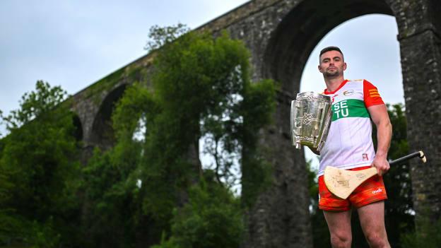 Carlow goalkeeper Brian Tracey with the Liam MacCarthy cup at the 2023 GAA Hurling All-Ireland Series national launch at Kilmacthomas Viaduct. Photo by Brendan Moran/Sportsfile