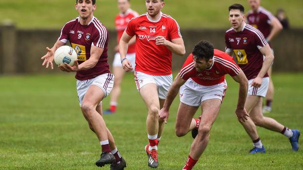 Westmeath's Denis Corroon and Louth James Califf during the Allianz Football League Division Three encounter at the Gaelic Grounds, Drogheda.