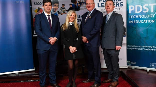 Uachtarán Chumann Lúthchleas Gael Seán Ó hÓráin, with, from left, former Kerry manager Eamonn Fitzmaurice, Ciara O Donnell, PDST, agus Dónal Ó hAiniféin, Cathaoirleach COGG, during the GAA / PDST Future Leaders Leagan Gaeilge launch at Croke Park in Dublin.