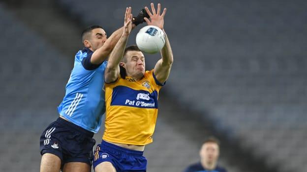 Ciarán Russell, Clare, and James McCarthy, Dublin, in Allianz Football League Division Two action at Croke Park.