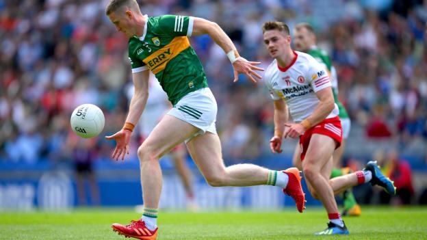 Jason Foley, Kerry, and Ruari Canavan, Tyrone, in All-Ireland SFC Quarter-Final action at Croke Park. Photo by Ray McManus/Sportsfile