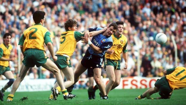 Vinny Murphy, Dublin, is tackled by Matt Gallagher, Donegal. All Ireland Football Championship Final, Dublin v Donegal, Croke Park, Dublin. 