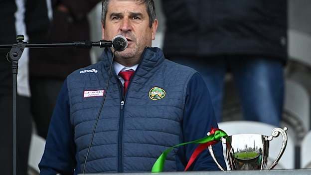 Offaly GAA Chairman Michael Duignan makes a speech after the Offaly County Senior B Football Championship Final match between Durrow and Gracefield at Bord na Móna O'Connor Park in Tullamore, Offaly. 