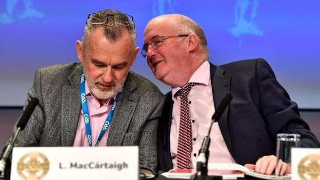 Larry McCarthy (left) succeeded John Horan (right) as Uachtarán Chumann Lúthchleas Gael at GAA Congress 2021.
