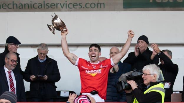 Heavron lifts the Derry SFC cup after Magherafelt's win over Glen in the final at Celtic Park.