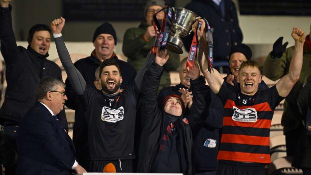Ballygunner captains Stephen O'Keeffe, left, and Philip Mahony lift the cup with the help of supporter Tom Mullane after the AIB Munster GAA Hurling Senior Club Championship final match between Ballygunner, Waterford, and Clonlara, Clare, at FBD Semple Stadium in Thurles, Tipperrary. Photo by Brendan Moran/Sportsfile.