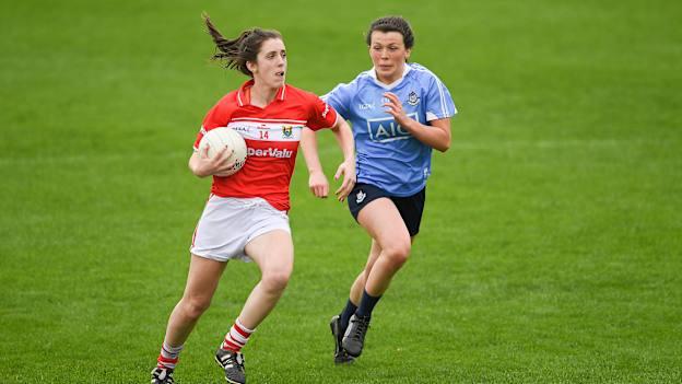 Ciara O'Sullivan, Cork, and Leah Caffrey, Dublin, during a Ladies Football National League Semi-Final clash at Nowlan Park in April.