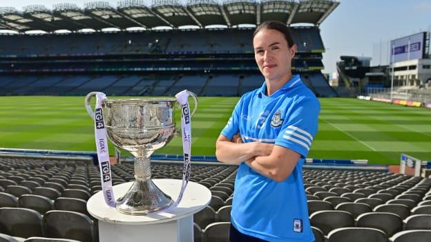 In attendance at a photocall at Croke Park in Dublin ahead of the TG4 All-Ireland Junior, Intermediate and Ladies Senior Football Championship Finals on Sunday next is Dublin captain Sinead Aherne with the Brendan Martin Cup. 