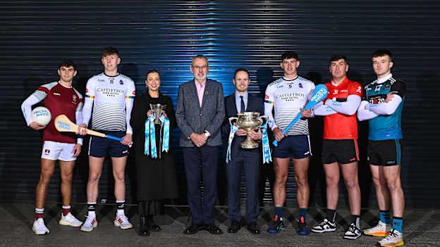 In attendance, from left, University of Galway footballer Tommy Conroy, University of Limerick hurler Gearóid O'Connor, Aiste Petraityte, brand and sponsorship manager at Electric Ireland, Uachtarán Chumann Lúthchleas Gael Larry McCarthy, Higher Education GAA chairperson Mike Hyland, University of Limerick hurler Colin Coughlan, University College Cork footballer Dylan Foley and Maynooth University hurler Billy Drennan before the draw for the Electric Ireland GAA Higher Education Championships at Croke Park in Dublin. Photo by Piaras Ó Mídheach/Sportsfile.