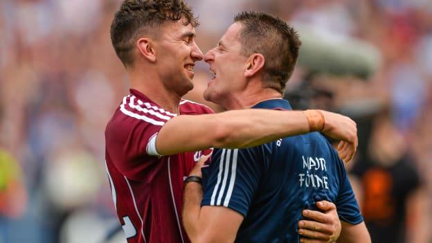 Jason Flynn and selector Noel Larkin celebrate following Galway's All Ireland SHC Semi-Final replay triumph against Clare.