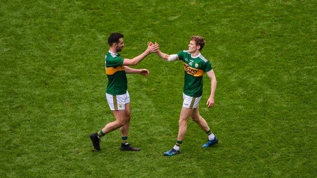 Jack Sherwood and Gavin White pictured after Kerry's All Ireland SFC semi-final win over Tyrone. The pair will be on opposite sides in Sunday's decider. 