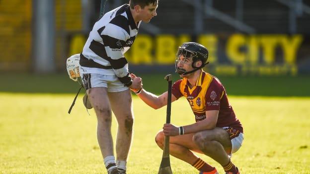 Michael Carey of St Kieran’s College shakes hands with Conor Heary of Kilkenny CBS following the Top Oil Leinster Colleges senior hurling championship final between St Kieran's and Kilkenny CBS at Nowlan Park in Kilkenny. 