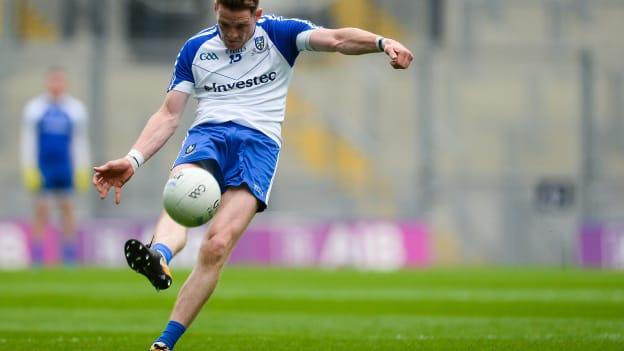 Conor McManus kicks a free for Monaghan at Croke Park.
