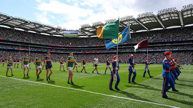 Members of the Artane Band lead the Kerry and Galway teams during the pre match parade before the GAA Football All-Ireland Senior Championship Final match between Kerry and Galway at Croke Park in Dublin. 