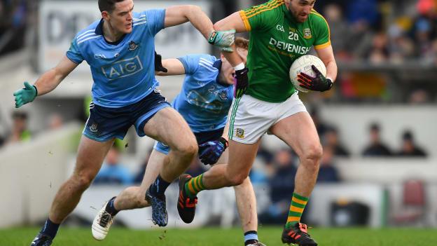 Dublin's Brian Fenton and Meath's Graham Reilly collide during the Sean Cox Fundraiser game played at Pairc Tailteann last December.