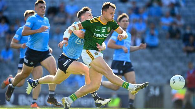 Ronan Jones of Meath in action against Tom Lahiff of Dublin during the Leinster GAA Senior Football Championship Semi-Final match between Dublin and Meath at Croke Park in Dublin.