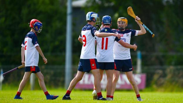 Shane Kenny, Jeddy Ryan, Liam Spillane, and Tomás Mathers, celebrate after winning the Division 4 Plate Final at the John West Féile na nGael National Camogie and Hurling Finals at Boardsmill GAA Club in Meath earlier this year.
