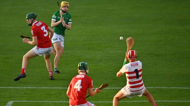 Mark Riordan of Limerick has a shot on goal saved by Cork goalkeeper Paudie O'Connor during the Electric Ireland Munster GAA Minor Hurling Championship Semi-Final match between Limerick and Cork at Semple Stadium in Thurles. 