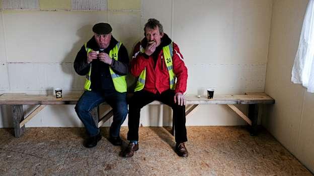 Clare Maors Michael Daffy, left, from Clooney, and Michael O Brien, Quin, relax with a cup of tea in the temporary canteen at Cusack Park.