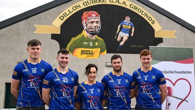 At the launch of The Dillon Quirke Foundation fundraising in association with The Circet All-Ireland GAA Golf Challenge at the Clonoulty-Rossmore GAA Club in Tipperary is mother of Dillon Quirke Hazel, centre, with Tipperary hurlers, from left, Jack Ryan, Craig Morgan, Cathal Barrett and Enda Heffernan. The Foundation are calling on all GAA clubs to provide €100 towards providing cardiac screening across the association. 