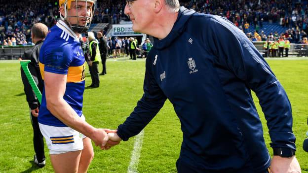 Ronan Maher of Tipperary shakes hands with Clare manager Brian Lohan after the Munster GAA Hurling Senior Championship Round 2 match between Tipperary and Clare at FBD Semple Stadium in Thurles, Tipperary.